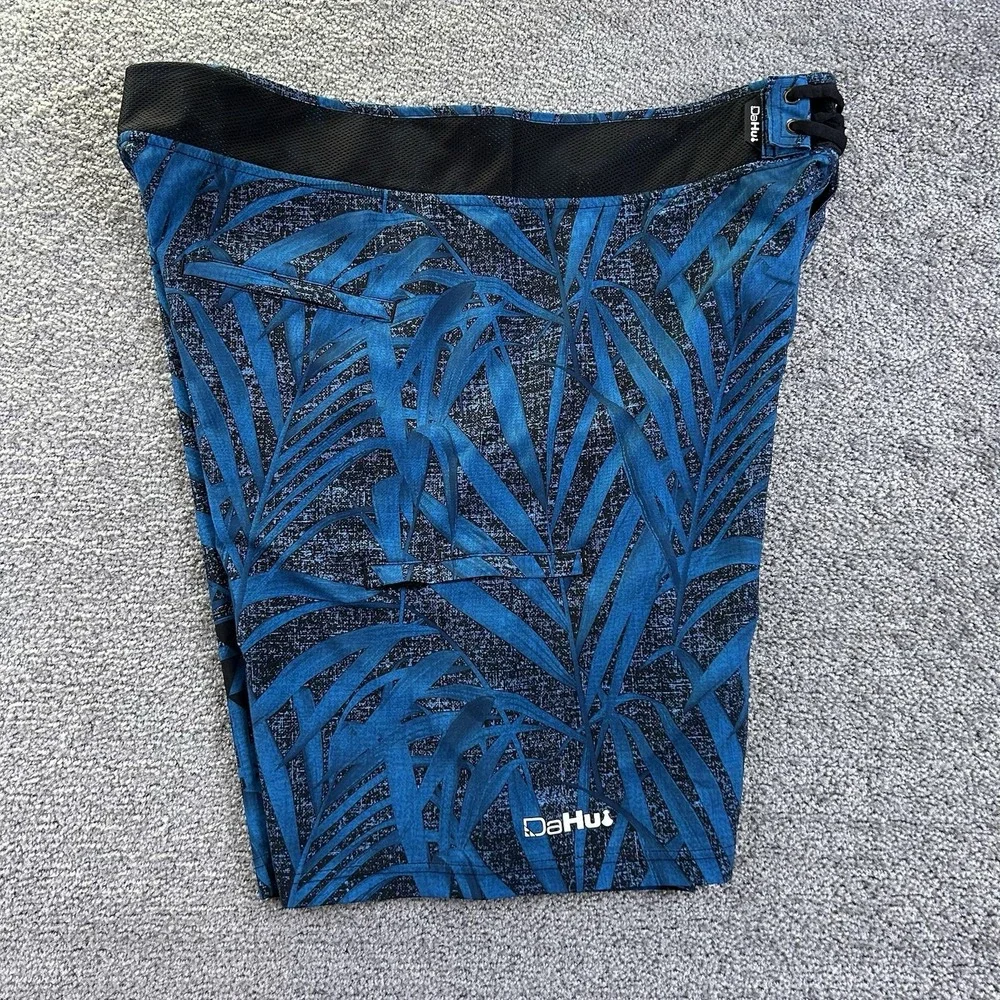 Da Hui Mens Blue Palm Print Board Shorts Swim Trunks Size 40 Pockets Hawaiian